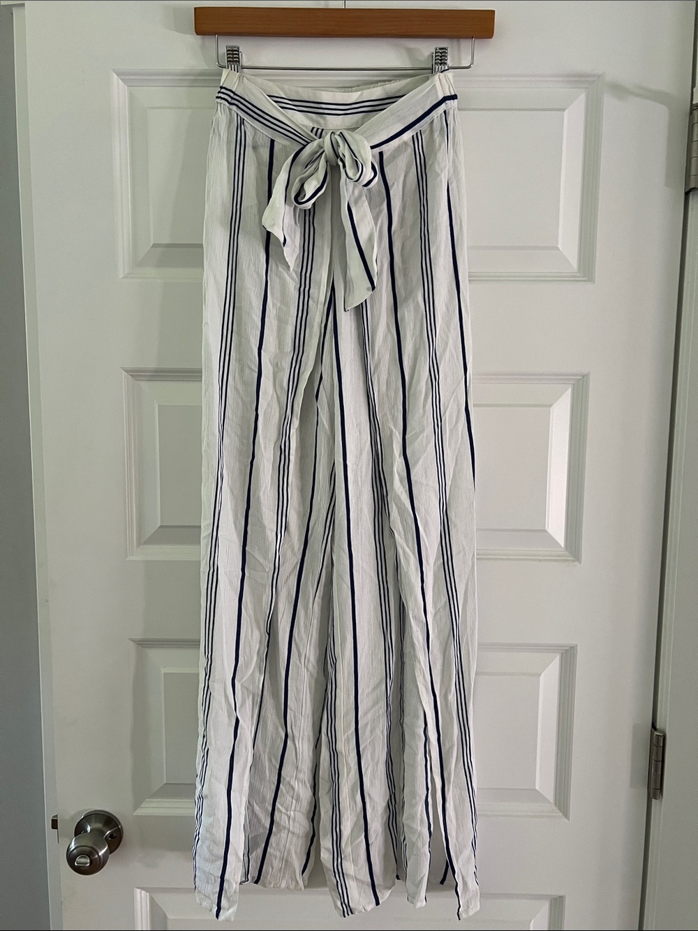 Striped Tie-Waist Wide Leg Pants - White & Navy